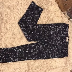 slim cropped navy and white polka dot trousers